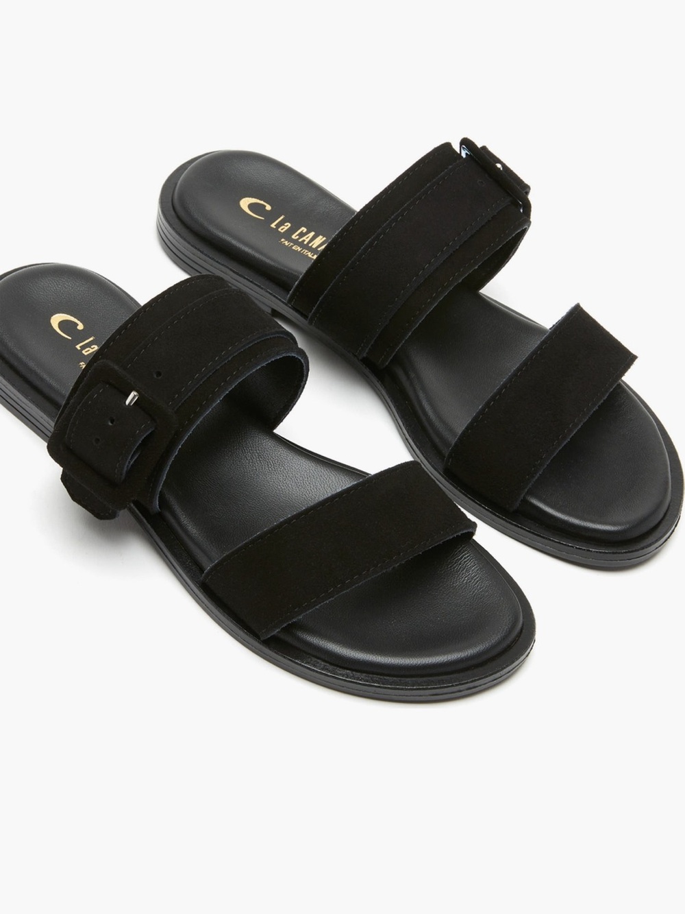‼️NEW La Canadienne Fennix Buckle Black Leather Slide Sandals